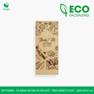 MFT1N4NN - 24x9.5x4.5 cm - 200 Túi bánh mì Nâu, in sẵn họa tiết BEST STREET FOOD - Bao bánh mì Túi giấy thực phẩm an toàn