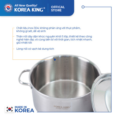 KP-24S5PLY Nồi inox 5 lớp đáy liền Korea King (Nồi, nắp đều bằng inox, đường kính 24cm, dung tích 5L)-Hàng chính hãng