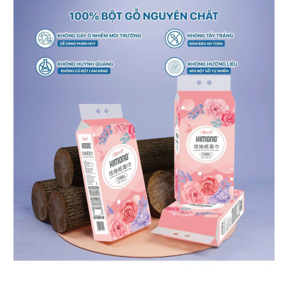 COMBO 10 bịch giấy treo tường đa năng KIMONO hoa hồng 4 lớp dạng rút 1100 tờ tặng kèm 2 móc treo đôi