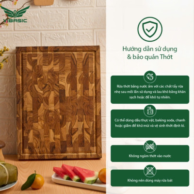 Thớt gỗ Teak kháng khuẩn tự nhiên, bám dính tốt không mùn dăm 40x30x3.8cm thái băm chặt - Chính hãng Bộ Quốc Phòng sản xuất
