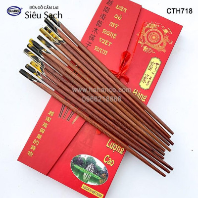 Đũa gỗ Cẩm lai đầu cẩn thạch chéo vân kẻ vàng (10 đôi/Hộp) CTH718 - Sang trọng trên bàn ăn - An toàn cho sức khỏe