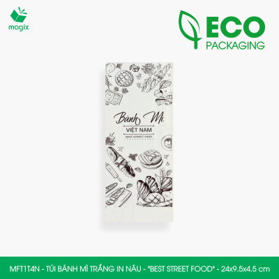 MFT1T4N - 24x9.5x4.5 cm - 200 Túi bánh mì Trắng, in sẵn họa tiết BEST STREET FOOD - Bao bánh mì Túi giấy thực phẩm an toàn