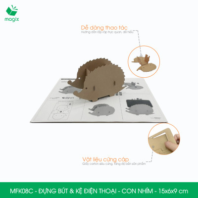 MFK08C - Đựng bút & kệ điện thoại bằng giấy carton - Hộp bút kiểu dáng Con nhím - 15x6x9 cm