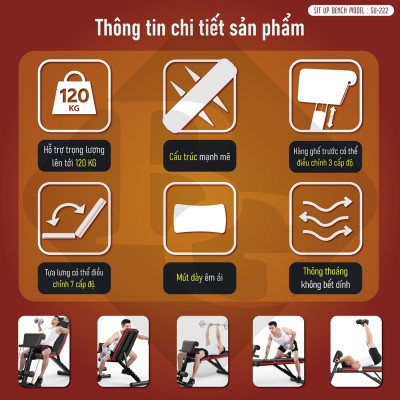 BG Ghế tập tạ đa năng SU-222 ,Ghế tập thể dục đa năng - Hỗ trợ tập các bài tập tạ, cơ bụng, cơ tay gấp gọn - Chất liệu khung thép và đệm xốp bọc da PU (hàng nhập khẩu)