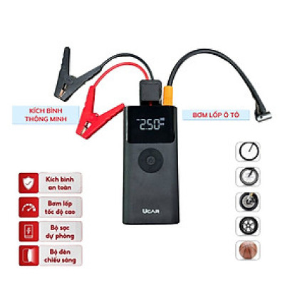 Kích bình ô tô kiêm bơm lốp 4 trong 1 UCAR J-02Plus 10000mAh Tích hợp sạc dự phòng và đèn pin chiếu sáng, kẹp thông minh xiaomi