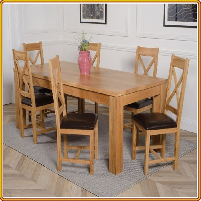 Bộ bàn ăn Rustic Oak bàn 1m6, kèm 6 ghế juno sofa ( Vàng Gỗ Tự Nhiên)