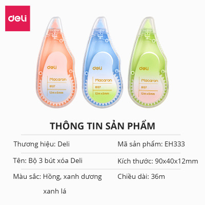 Băng xóa bút xóa kéo 12m Deli - Hình trái cây - Hồng/Xanh lá/Xanh dương - Set 3 chiếc - EH333