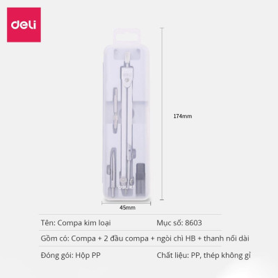 Bộ Compa Kim Loại Chì Bấm Deli - Phù Họp Vẽ Tranh Thiết Kế Chuyên Dụng Cho Học Sinh Vẽ Kỹ Thuật Học Sinh Vẽ Đường Tròn Hình Học - 8601
