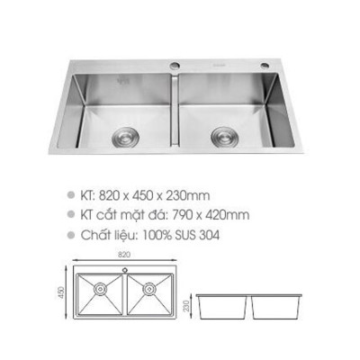 Chậu rửa chén bát Inox đúc nguyên khối 2 hộc