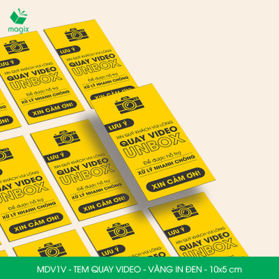500 Tem chú ý quay video trước khi mở hàng, decal dán hộp - 10x5 cm - Vàng in đen - MDV1V
