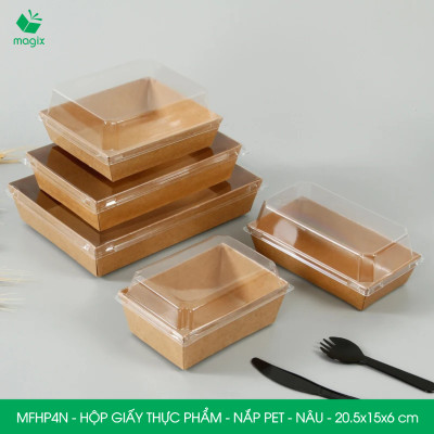 MFHP4N - 20.5x15x6 cm - 50 hộp giấy kraft thực phẩm màu nâu nắp Pet, hộp giấy chữ nhật đựng thức ăn, hộp bánh nắp trong