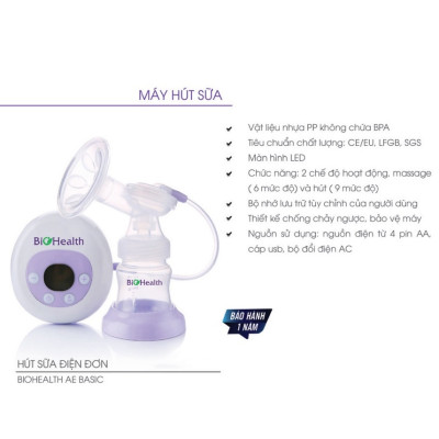 Máy hút sữa điện đơn BioHealth AE Basic - Hàng chính hãng