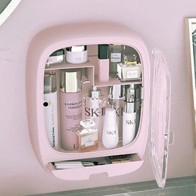 Tủ Kệ đựng mỹ phẩm cao cấp, CỬA MỞ NAM CHÂM KÍNH MIKA TRONG SUỐT treo tường không đục lỗ 