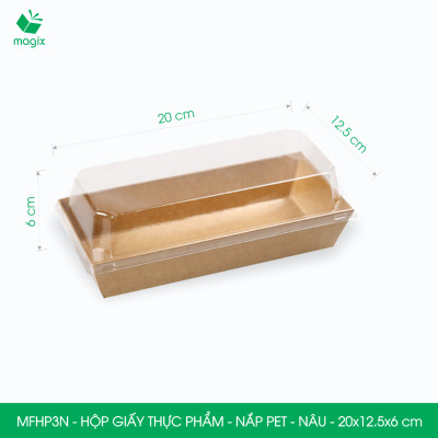MFHP3N - 20x12.5x6 cm - 50 hộp giấy kraft thực phẩm màu nâu nắp Pet, hộp giấy chữ nhật đựng thức ăn, hộp bánh nắp trong