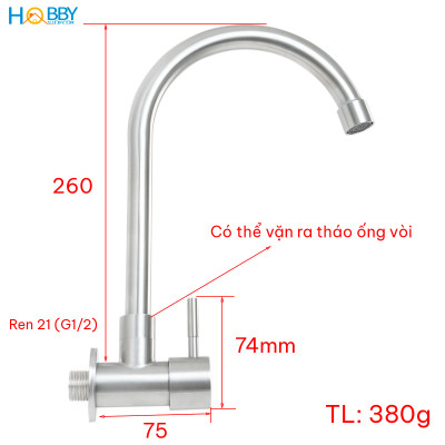 Vòi rửa chén thân lạnh đơn gắn tường inox 304 Hobby home decor VT5