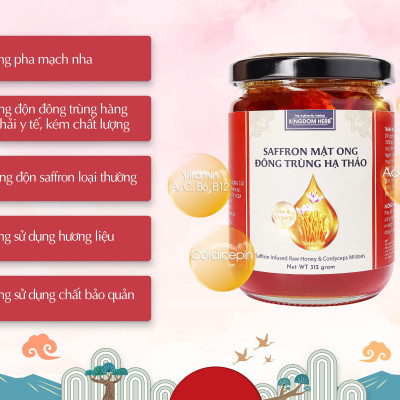 Mật ong saffron đông trùng hạ thảo Kingdom Herb chính hãng thượng hạng hộp 50g (tặng bình thuỷ tinh và cây lấy mật)