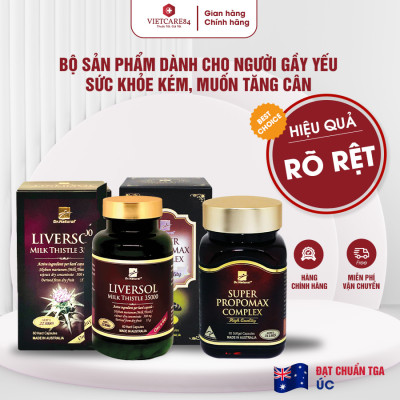 Bộ Sản Phẩm Cho Người Gầy Yếu, Sức Khỏe Kém, Muốn Tăng Cân: Viên Uống Keo Ong Super Propomax Complex 60 Viên, Bổ Gan Liversol Milk Thistle 60 Viên