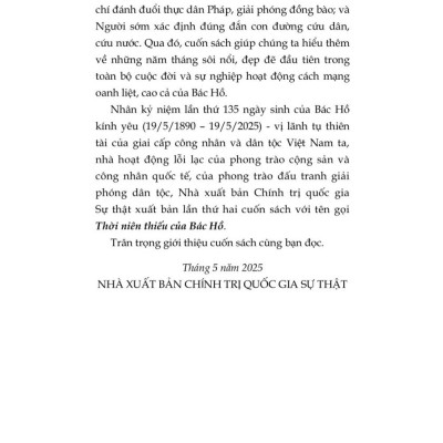 Thời niên thiếu của Bác Hồ (Xuất bản lần thứ hai) bản in 2025