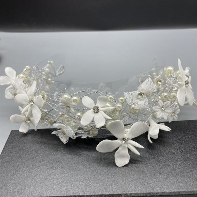 Băng đô cài tóc cô dâu hạt trai đính hoa nơ ren