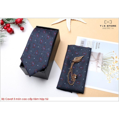 Ca Vat bộ 3 món kèm hộp túi xách cao cấp, quà tặng chú rể, Cavat họa tiết ghi đậm