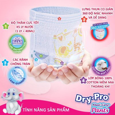 Tã/bỉm quần Dry-Pro siêu thấm hút nhập khẩu Malaysia size XXL36 (15kg - 25kg) - Gói 36 miếng