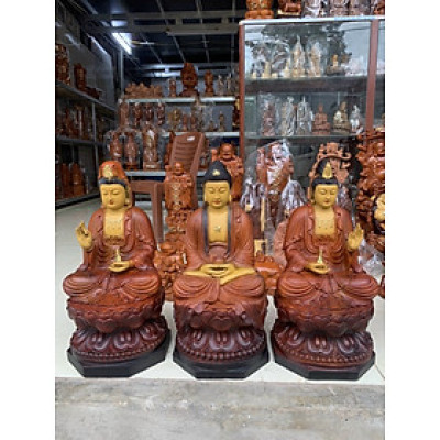 Bộ tượng phật tam thánh bằng gỗ hương đá tô mầu giả cổ kt cao 50×25×25 cm