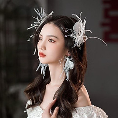 Cài tóc cô dâu lông vũ pha lê kèm hoa tai cùng bộ mẫu mới t6/2023