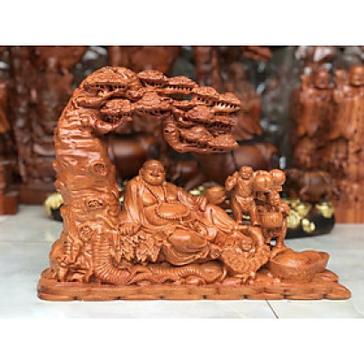 Tượng phật di lặc tam phúc ngồi ngự gốc cây tùng  bằng gỗ hương đa kt 45×32×15cm