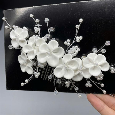 Cài tóc cô dâu hoa đất sét trắng có sẵn xược cài mã 006 - 18cm