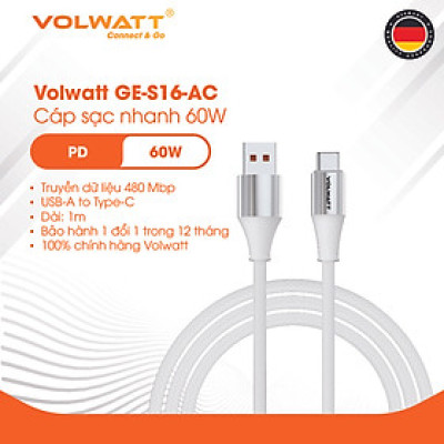 Cáp sạc nhanh 60W Volwatt GE-S16-AC hàng chính hãng | Cáp USB-A to Type-C, truyền dữ liệu 480Mbps, dây bện – BH 12 tháng