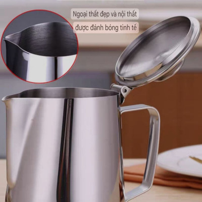 CA INOX 304 CA ĐÁNH SỮA CÓ NẮP ĐẬY NHIỀU SIZE CAO CẤP MILK PITCHER INOX 304