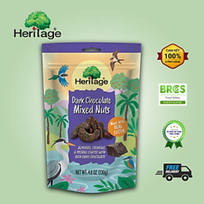 Hạt hỗn hợp khô cao cấp Heritage : Hạnh nhân, hạt điều, hồ đào bọc chocolate đen- Dark chocolate mixed nuts