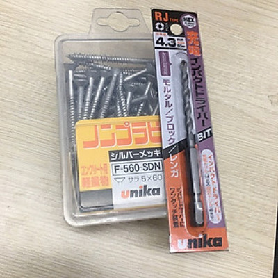 Combo Vít bê tông 5mm đầu bằng F560 & Mũi khoan tường 4.3mm đuôi lục giác Unika (Không cần tắc kê nhựa)