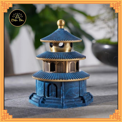 Lư xông trầm đồ thờ cúng bằng đồng hình bảo tháp sơn xanh phụ kiện trang trí ban thờ, bàn làm việc