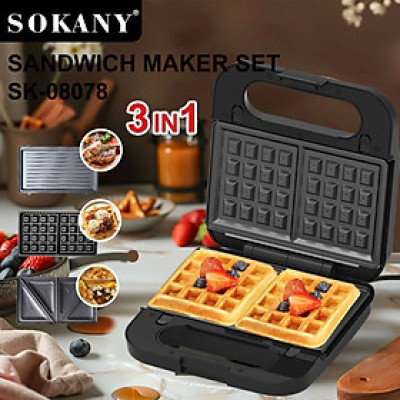 Máy kẹp nướng bánh mì đa năng 3IN1 SOKANY SK-08078 khay chống dính cao cấp dễ dàng vệ sinh, tiện dụng cho mọi gia đình - HÀNG CHÍNH HÃNG