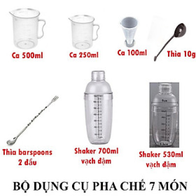 Combo bộ dụng cụ pha chế 7 món (ca 500-250-100ml, thìa nâu 10g, thìa khuấy inox, shaker 530-700ml)