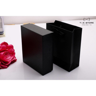 Ca Vat bộ 3 món kèm hộp túi xách cao cấp, quà tặng chú rể, Cavat họa tiết xanh đen chấm