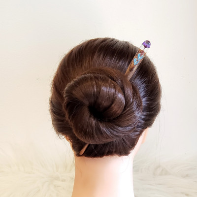 Trâm cài tóc gỗ- resin & hoa snowy tím