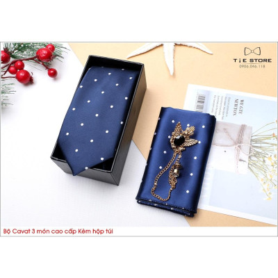 Ca Vat bộ 3 món kèm hộp túi xách cao cấp, quà tặng chú rể, Cavat họa tiết xanh đen chấm bi