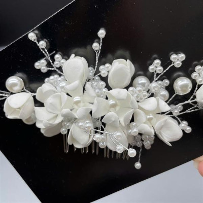 Cài tóc cô dâu hoa đất sét trắng có sẵn xược cài mã 010 - 18cm