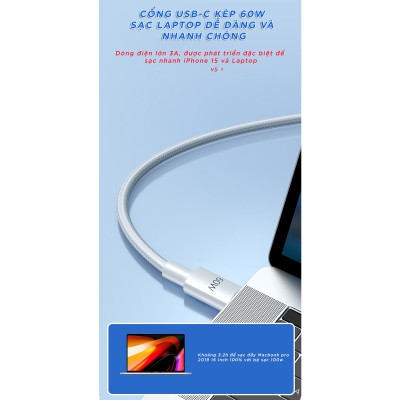 Cáp Sạc iPhone 15 - Linen USB-C 60W 1 m - Pisen LH-CC-PD01-1000