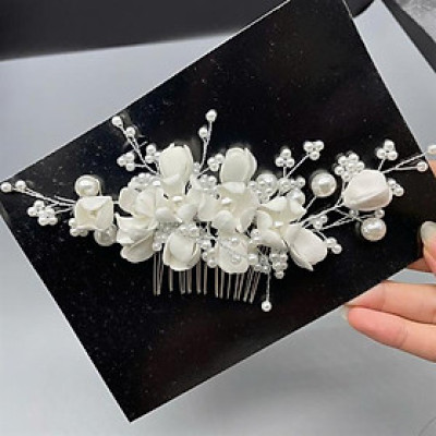 Cài tóc cô dâu hoa đất sét trắng có sẵn xược cài mã 010 - 18cm