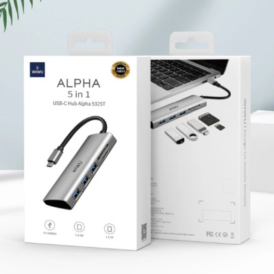  BỘ CHUYỂN ĐỔI WIWU ALPHA 532ST 5 IN 1 Cho Máy Tính Xách Tay Nhiều Cổng Loại C Với 3 * USB3.0 + TF + Thẻ SD - Hàng Chính Hãng