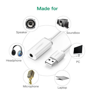 Ugreen UG30712US206TK 15CM màu Trắng Bộ chuyển USB 2.0 sang âm thanh 3.5mm - HÀNG CHÍNH HÃNG