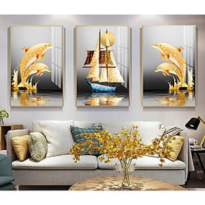 Tranh treo tường thuyền và cá heo trang trí mọi không gian(kèm đinh treo)