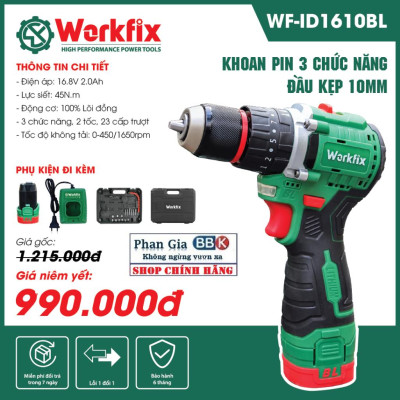 Máy Khoan Dùng Pin WORKFIX  16,8V -  Đầu Kẹp Autolook 10mm Pin 4 Cell bảo hành chính hãƞg