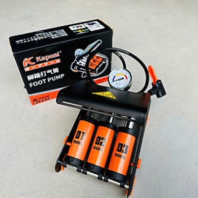 Bơm đạp chân xe đạp xe máy KAPUSI 3 ống xilanh bền đẹp - màu cam đen