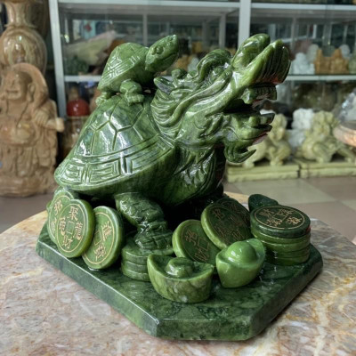Tượng Long Quy ( Rùa đầu rồng ) cõng con phong thủy đá ngọc Ấn Độ - Dài 22 cm