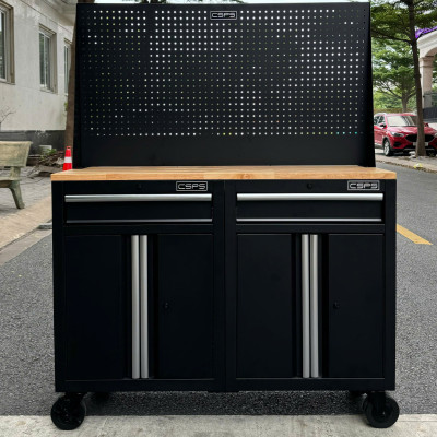 Bộ 2 Tủ dụng cụ CSPS 122cm màu đen mặt ván gỗ kèm vách lưới - 02 hộc kéo (tay cầm trắng)