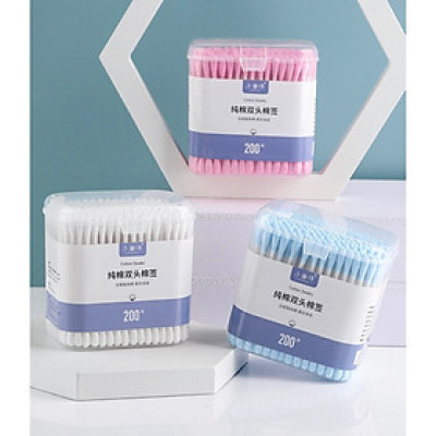 Hộp 200 Tăm Bông Ngoáy Tai Hai Đầu Vệ Sinh Tai Mũi Trang Điểm Kháng Khuẩn Mềm Mịn